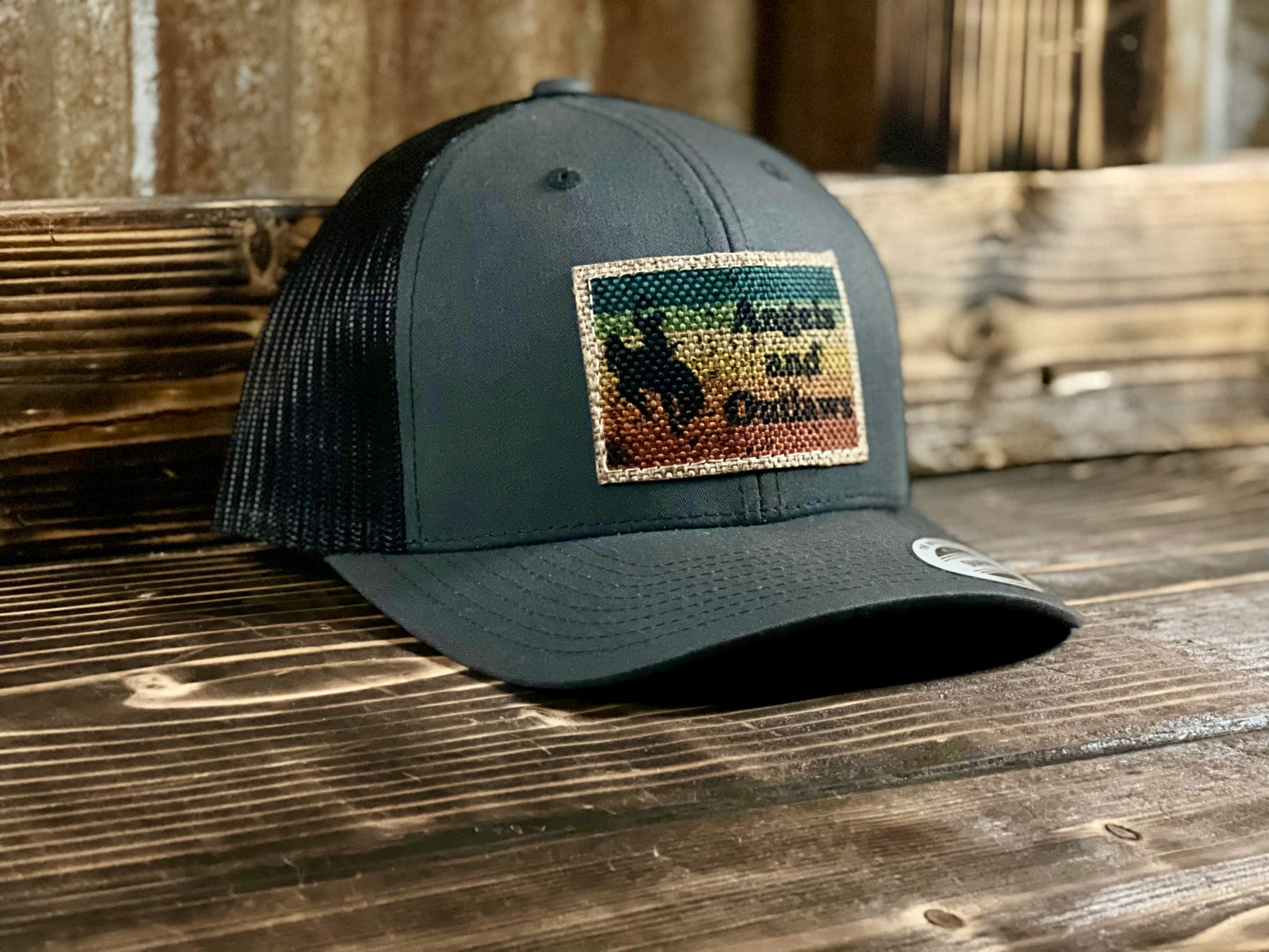 Picture of a burlap patch hat called Burlap Bronc from Angels and Outlaws Hat Co