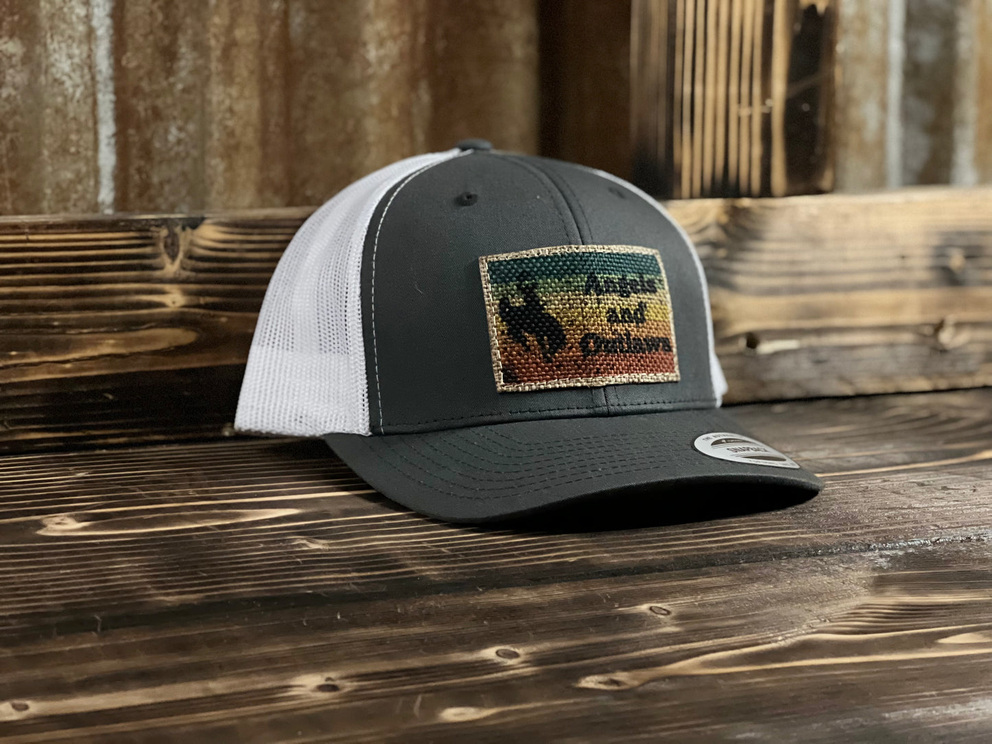 Picture of a burlap patch hat called Burlap Bronc from Angels and Outlaws Hat Co
