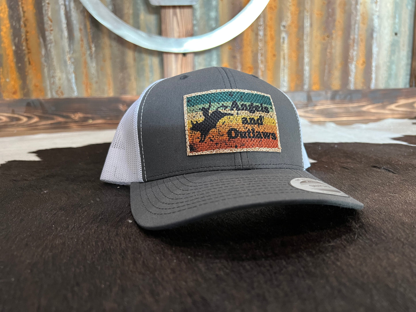 Picture of a burlap patch hat called Burlap Bull from Angels and Outlaws Hat Co