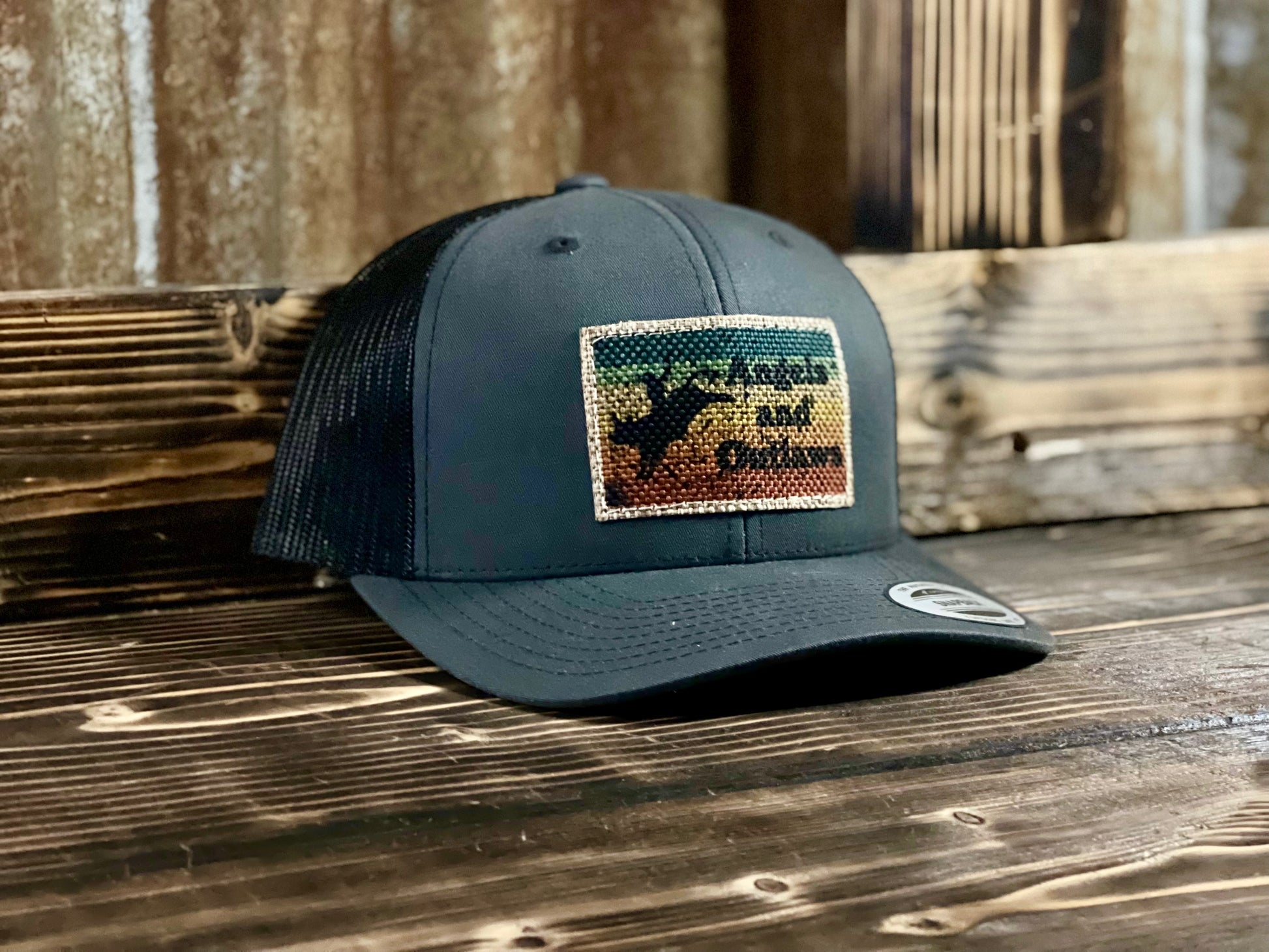 Picture of a burlap patch hat called Burlap Bull from Angels and Outlaws Hat Co 