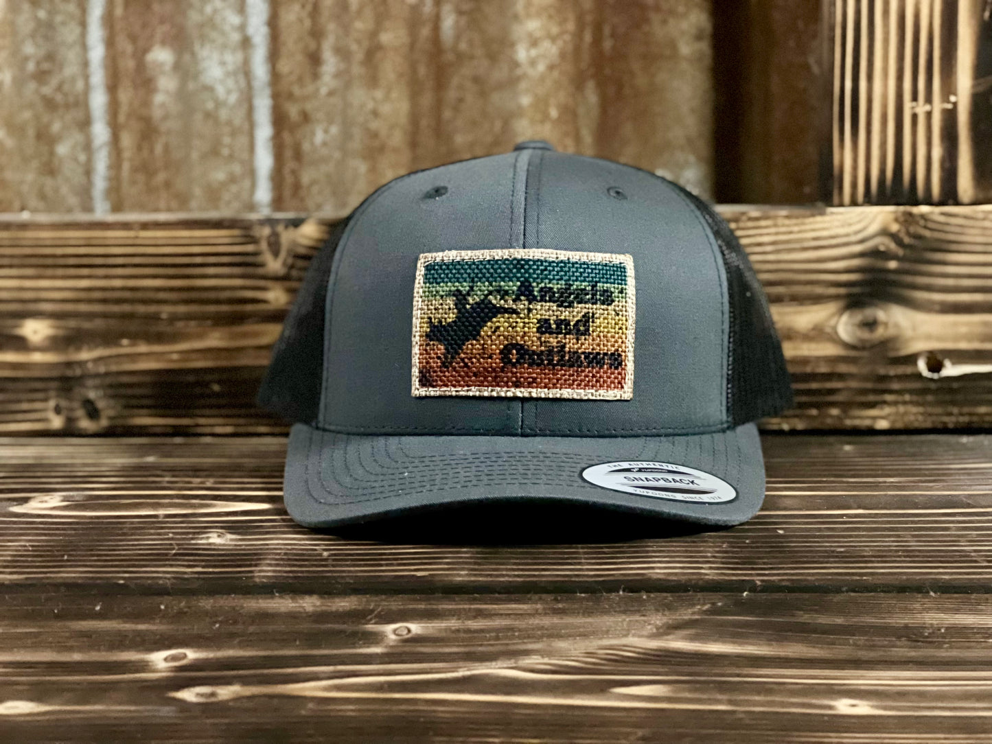Picture of a burlap patch hat called Burlap Bull from Angels and Outlaws Hat Co 