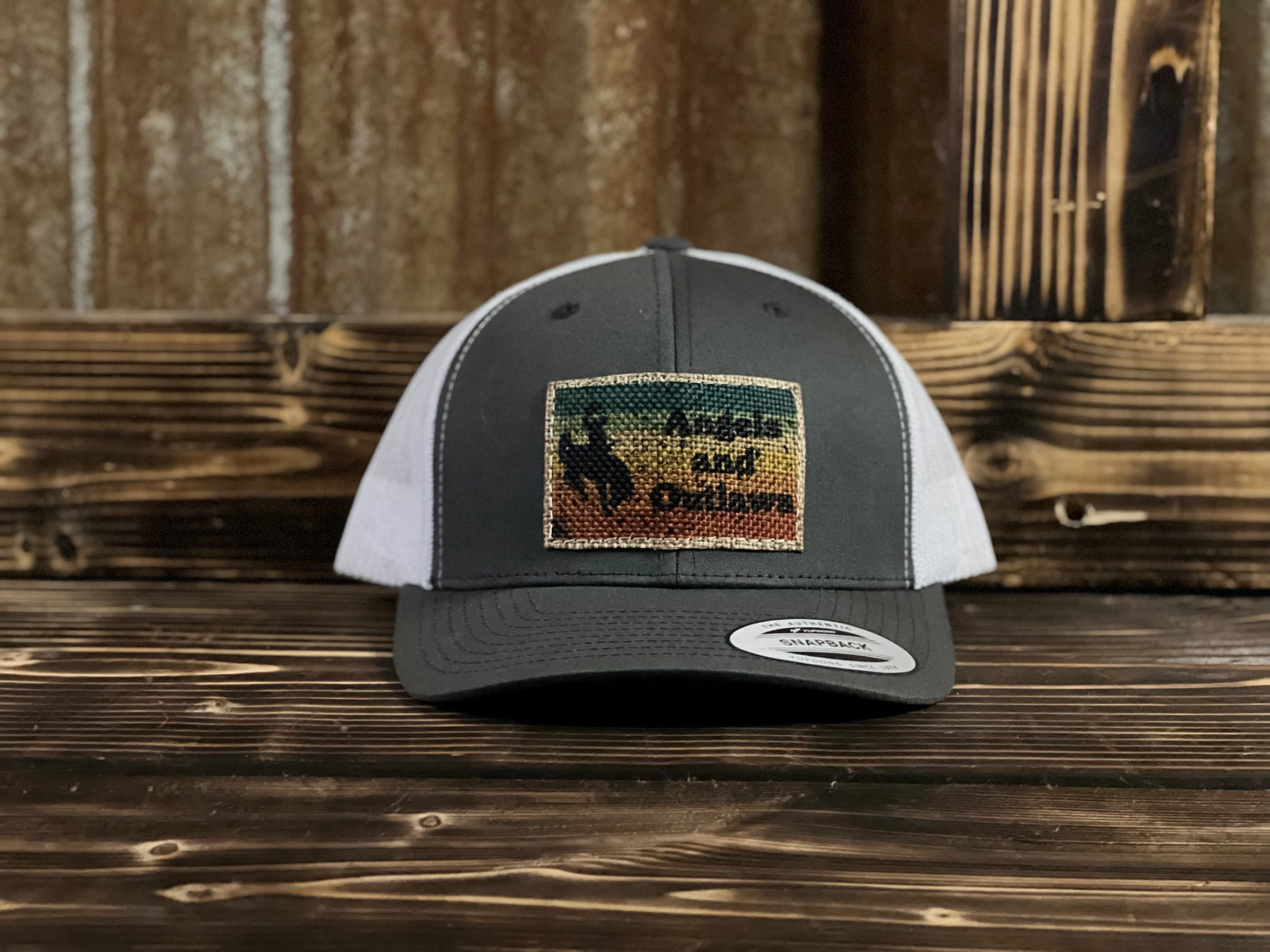 Picture of a burlap patch hat called Burlap Bronc from Angels and Outlaws Hat Co