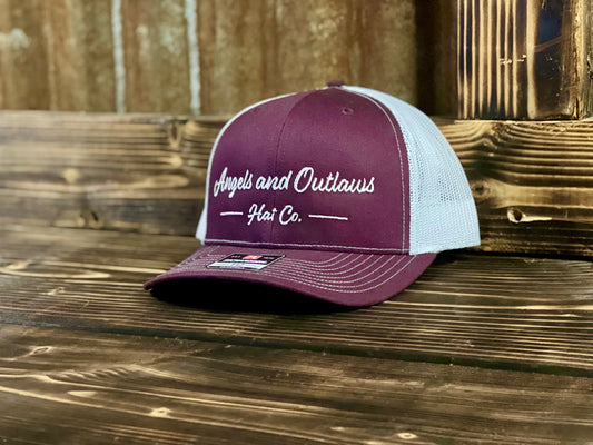 Picture of embroidered maroon hat called Average Joe from Angels and Outlaws Hat Co