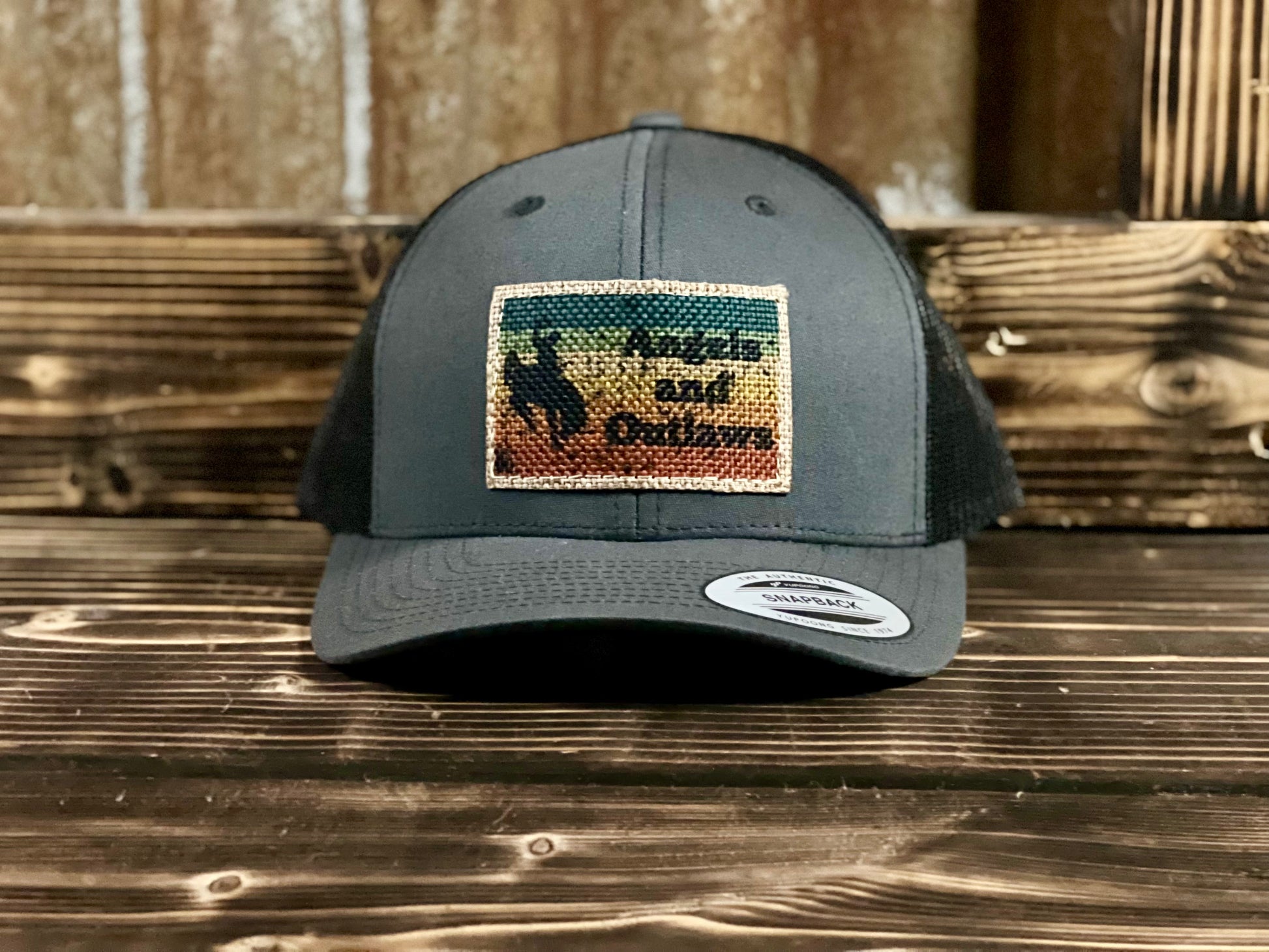 Picture of a burlap patch hat called Burlap Bronc from Angels and Outlaws Hat Co 