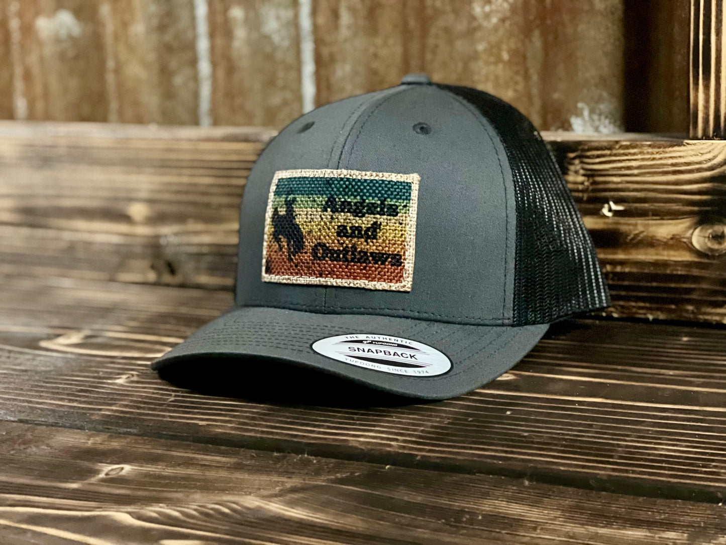 Picture of a burlap patch hat called Burlap Bronc from Angels and Outlaws Hat Co 